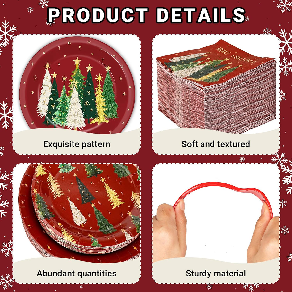 200Pcs Merry Christmas Paper Plates and Napkins ,Red Xmas Dinner Plates