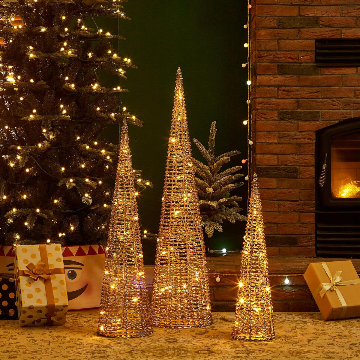 Glitzhome Lighted Christmas Crystal Cone Tree, with 65 LED Lights Warm White Holiday Christmas Decorations pre-lit Lawn Yard Decoration Festival Outdoor and Indoor use Long-Lasting, Gold, Set of 3