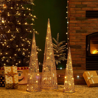 Glitzhome Lighted Christmas Crystal Cone Tree, with 65 LED Lights Warm White Holiday Christmas Decorations pre-lit Lawn Yard Decoration Festival Outdoor and Indoor use Long-Lasting, Gold, Set of 3