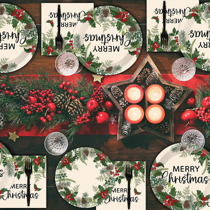 200Pcs Merry Christmas Paper Plates and Napkins , Xmas Dinner Party Plates