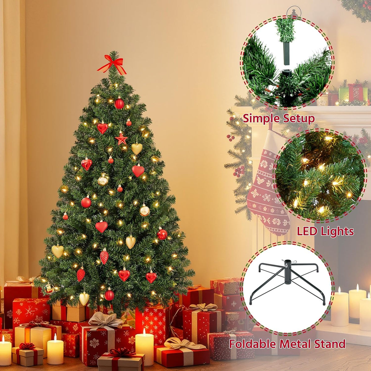 Yaheetech 4.5ft Pre-lit Christmas Tree with 150 Warm White Lights, Green