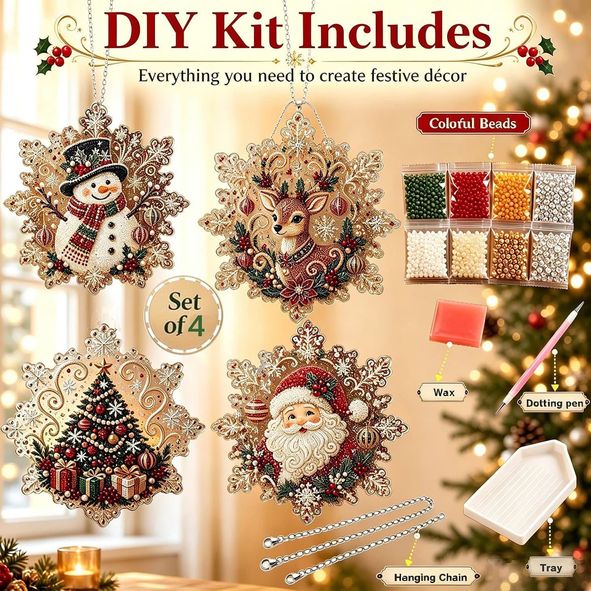 CSDmeewin 4-Piece Set Christmas Pearl Diamond Painting Suncatcher Kit,Acrylic Snowflake Shape Board with Lace Edge