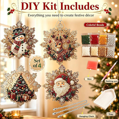 CSDmeewin 4-Piece Set Christmas Pearl Diamond Painting Suncatcher Kit,Acrylic Snowflake Shape Board with Lace Edge