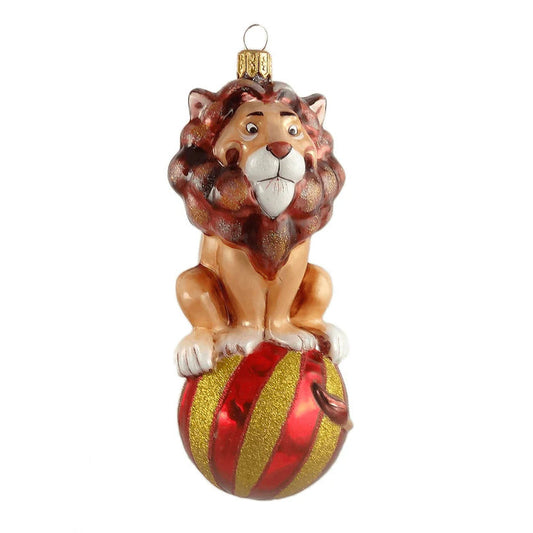 Glass Lion On Ball Ornament, 5.5"