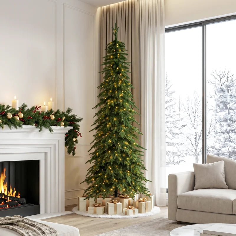 🎄 9ft Pre-Lit Pencil Spruce Artificial Christmas Tree with 580 Dual-Color LEDs & 9-Function Remote