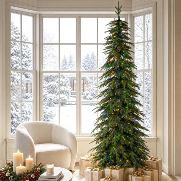 🎄 9ft Pre-Lit Pencil Spruce Artificial Christmas Tree with 580 Dual-Color LEDs & 9-Function Remote