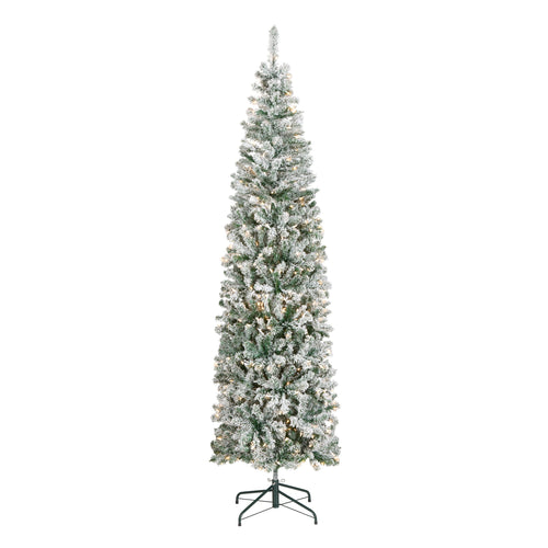 7.5 ft. Pre-Lit Acacia Pencil Slim Flocked Tree with Clear Lights, Plug-In
