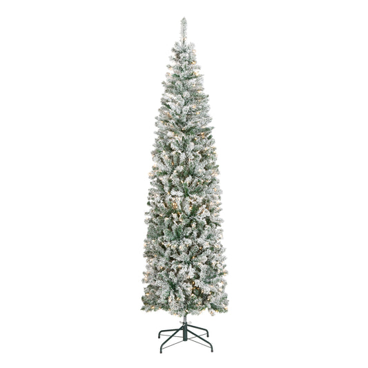 7.5 ft. Pre-Lit Acacia Pencil Slim Flocked Tree with Clear Lights, Plug-In