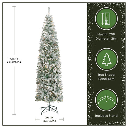 7.5 ft. Pre-Lit Acacia Pencil Slim Flocked Tree with Clear Lights, Plug-In