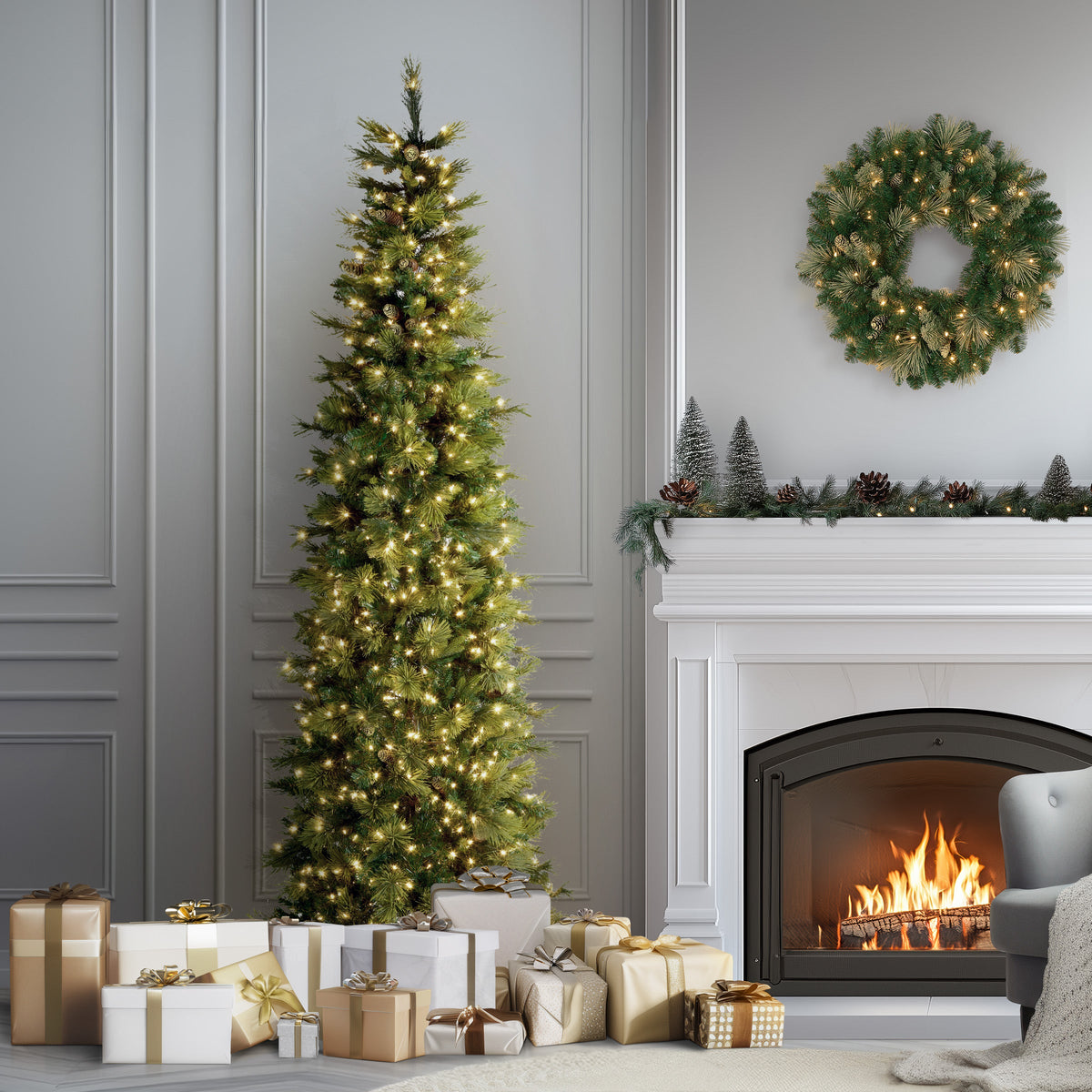 9 ft. Pre-Lit Carolina Pine Slim Tree with Clear Lights