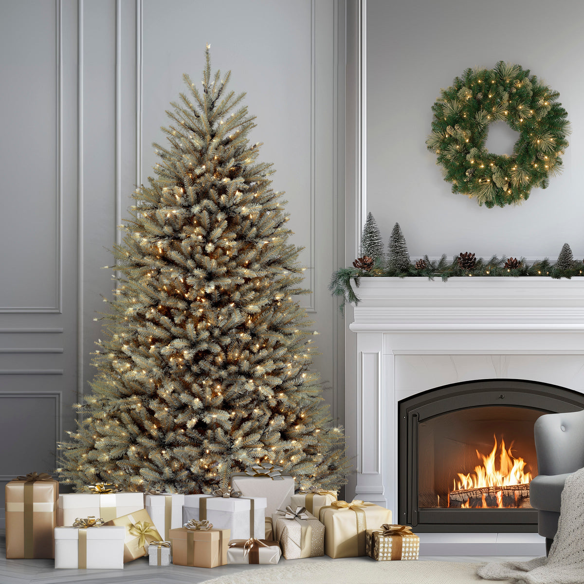 7.5 ft. Pre-Lit Dunhill Fir Snowy Blue Tree with Clear Lights, Plug-In