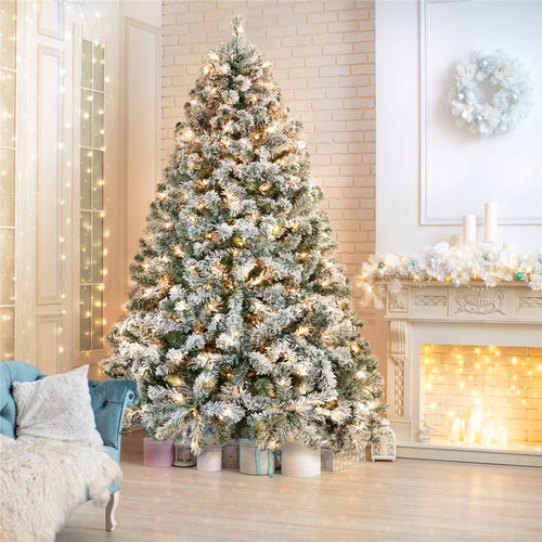 Ericka Pre-Lit Flocked Artificial Christmas Tree with Warm Clear Lights & Metal Stand