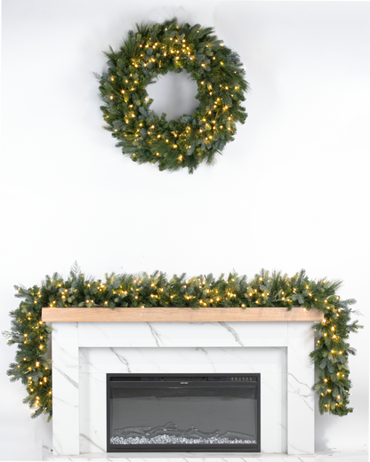 American Mixed Greenery Wreath, LED Lit, 36"