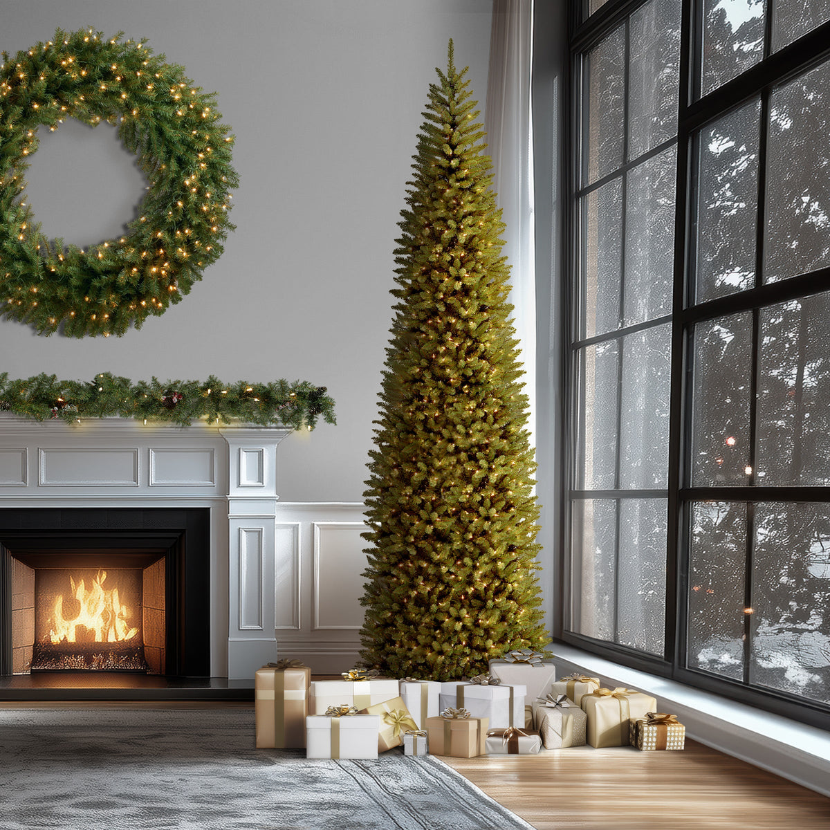 14 ft. Pre-Lit Kingswood Fir Pencil Tree with Clear Lights, Plug-In