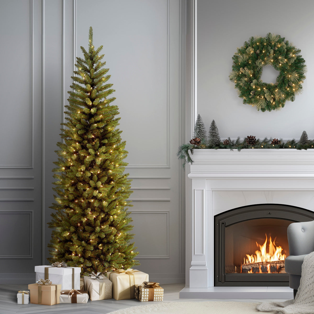 7.5 ft. Pre-Lit Kingswood Fir Pencil Tree with Clear LED Lights, Plug-In