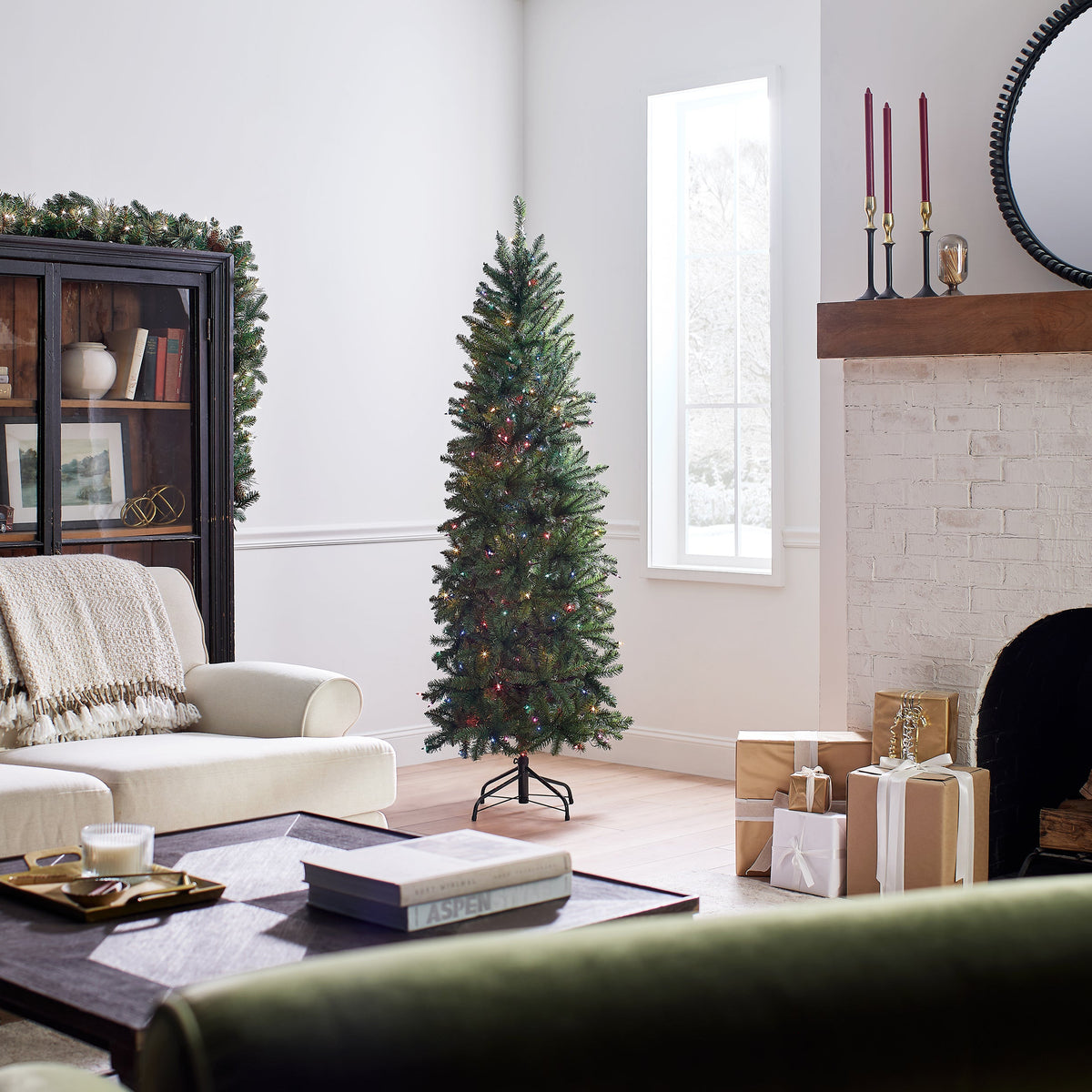 6.5 ft. Pre-Lit Kingswood Fir Pencil Tree with Multicolor LED Lights, Plug-In