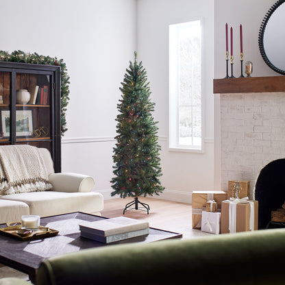 6.5 ft. Pre-Lit Kingswood Fir Pencil Tree with Multicolor LED Lights, Plug-In