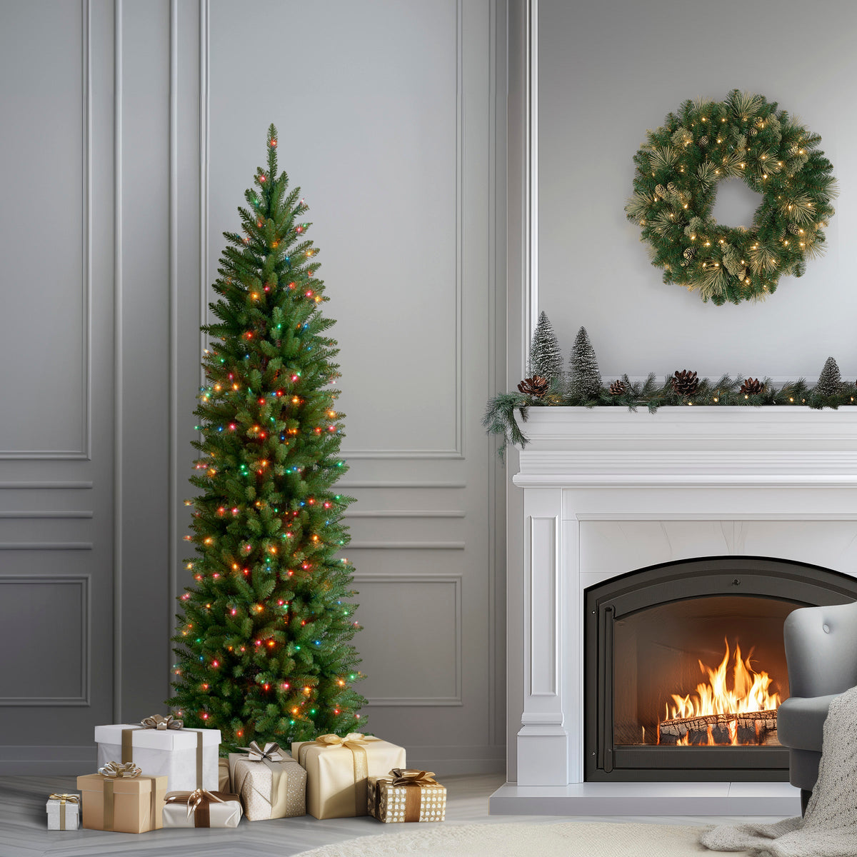 6.5 ft. Pre-Lit Kingswood Fir Pencil Tree with Multicolor LED Lights, Plug-In