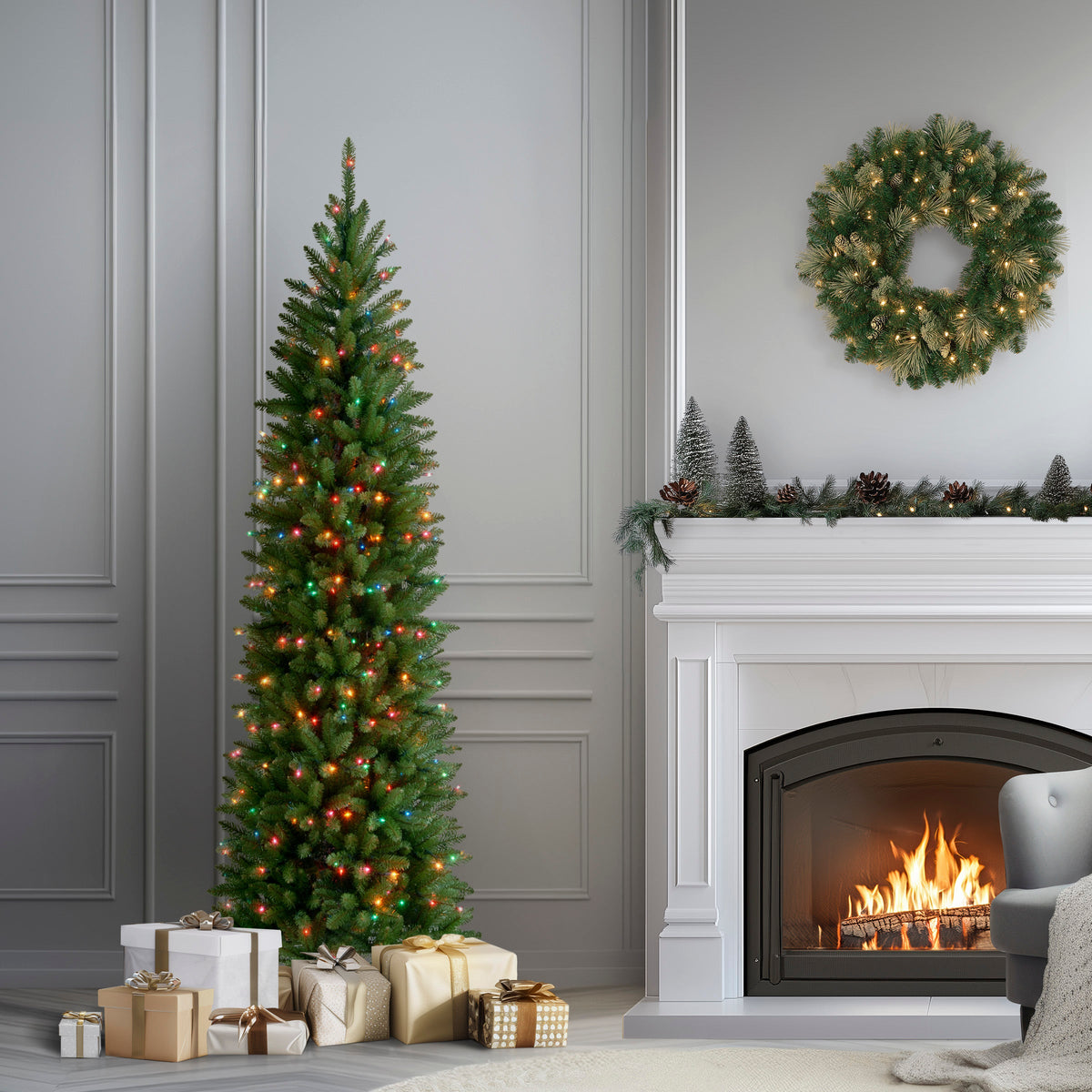 7 ft. Pre-Lit Kingswood Fir Pencil Tree with Multicolor LED Lights, Plug-In
