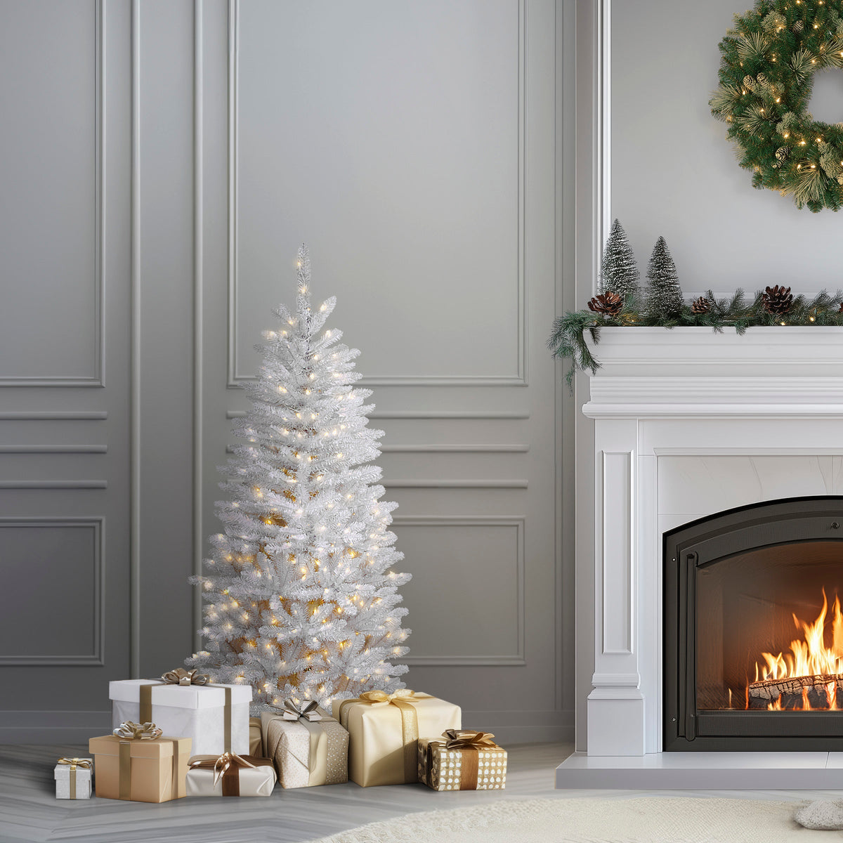 4.5 ft. Pre-Lit Kingswood Fir White Pencil Tree with Clear Lights, Plug-In