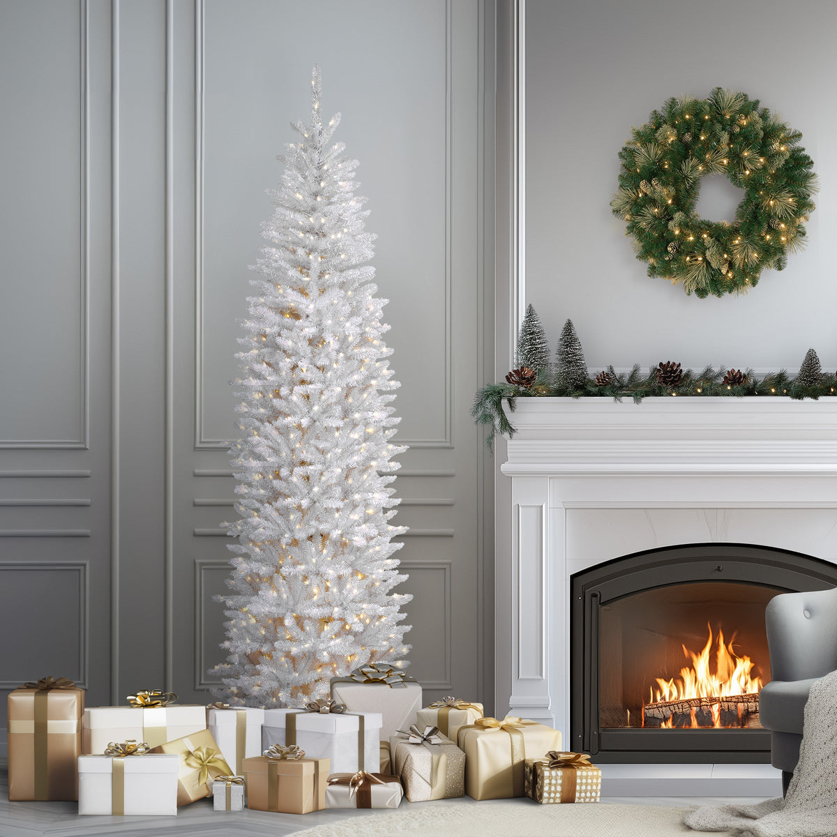 7.5 ft. Pre-Lit Kingswood Fir White Pencil Tree with Clear Lights, Plug-In