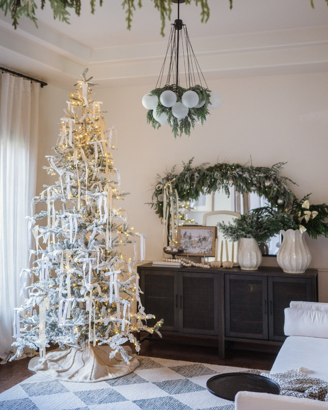 7' King Noble Flock Artificial Christmas Tree with 500 Warm White LED Lights