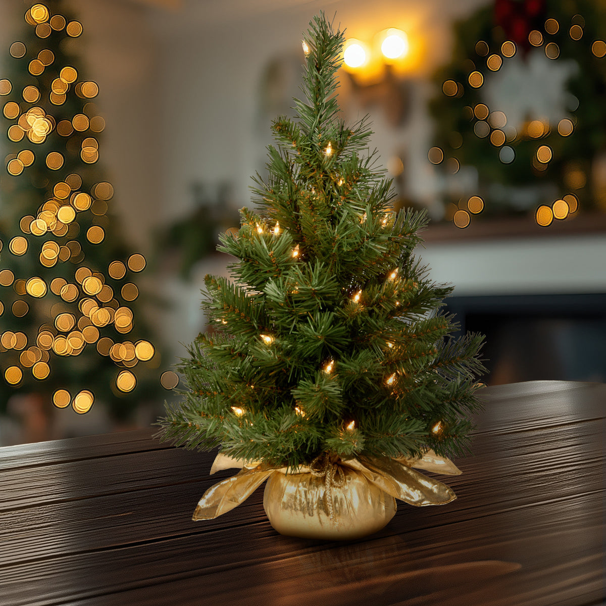 2 ft. Pre-Lit Majestic Fir Tree with Clear Lights, Gold Base, Plug-In