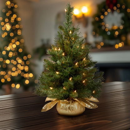 2 ft. Pre-Lit Majestic Fir Tree with Clear Lights, Gold Base, Plug-In