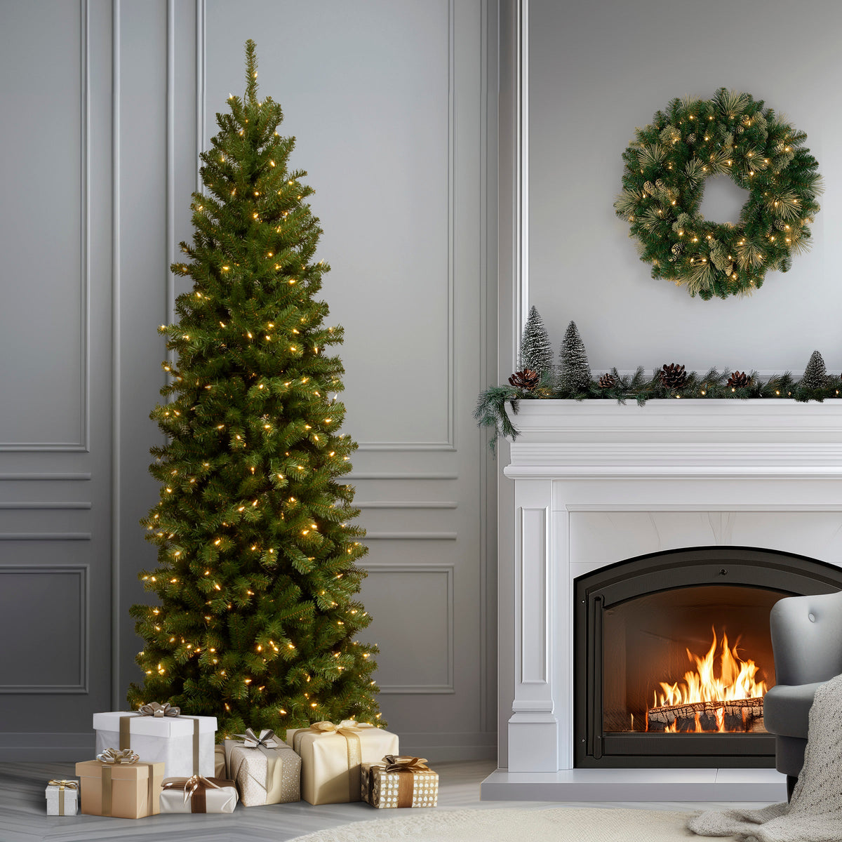 6.5 ft. Pre-Lit North Valley Spruce Pencil Slim Tree with Clear Lights, Plug-In