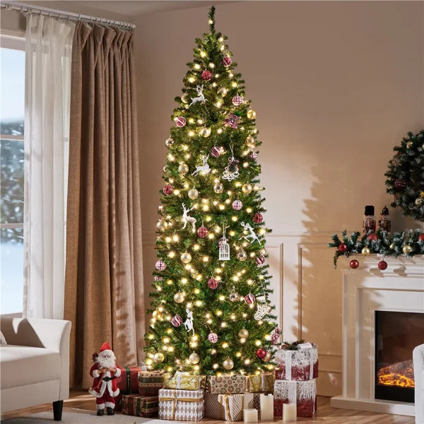 🎄 Nyle Pencil Pre-Lit Spruce Artificial Christmas Tree with Integrated Warm Lights & Folding Stand