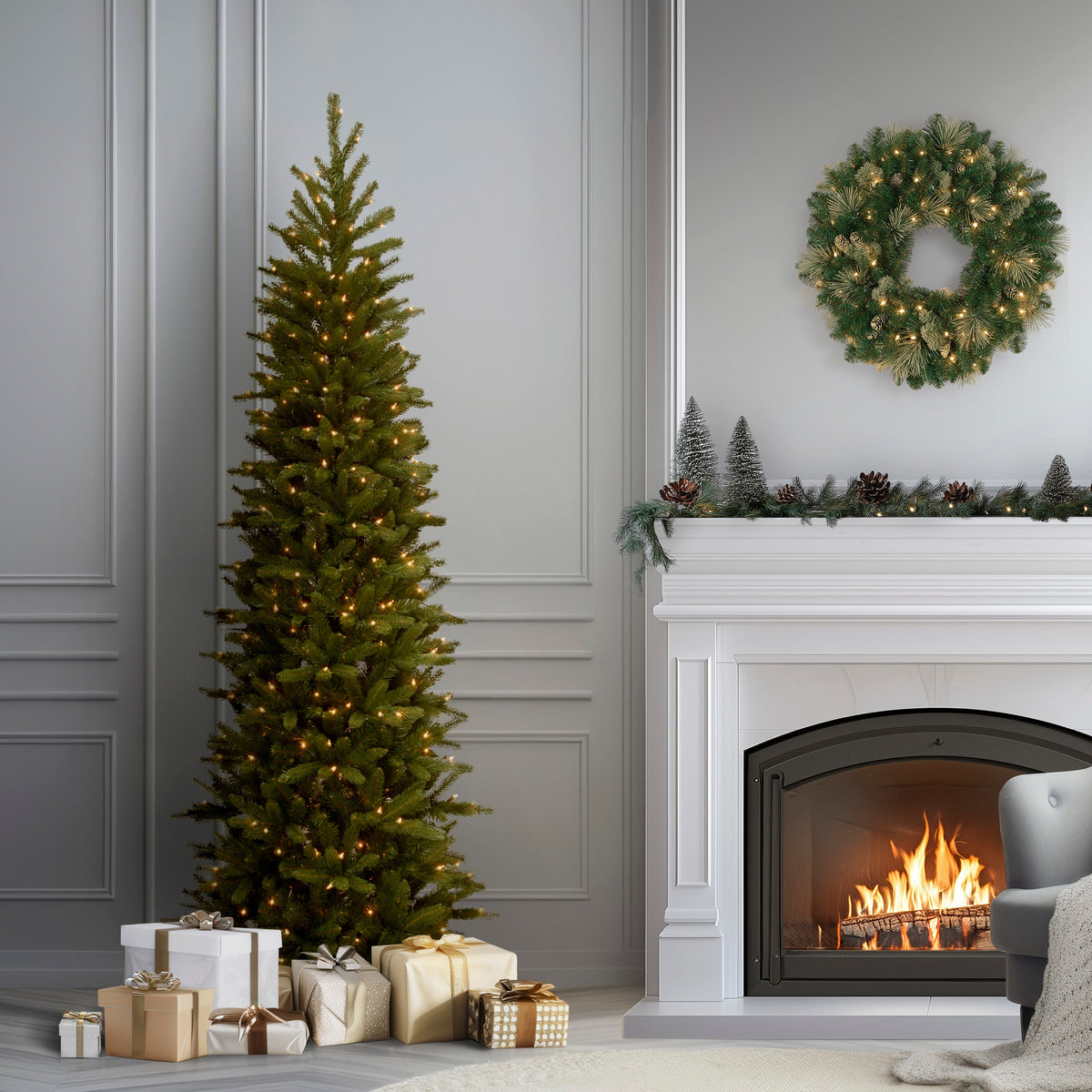 6.5 ft. Pre-Lit Grande Fir Pencil Slim Tree with Clear Lights, Plug-In
