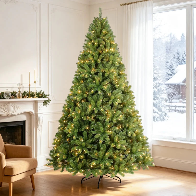 🎄 Pre-Lit Green Artificial Spruce Christmas Tree with Warm White LED Lights & Foldable Metal Stand