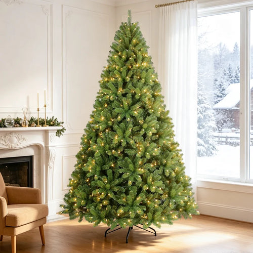 🎄 Pre-Lit Green Artificial Spruce Christmas Tree with Warm White LED Lights & Foldable Metal Stand