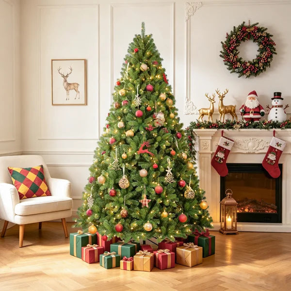 🎄 Pre-Lit Green Artificial Spruce Christmas Tree with Warm White LED Lights & Foldable Metal Stand
