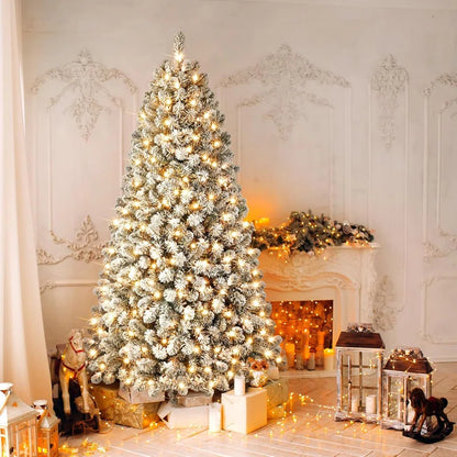 Prelit Snow Flocked Spruce Artificial Christmas Tree with Incandescent Warm White Lights & Foldable Metal Stand