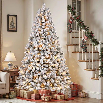 Prelit Snow Flocked Spruce Artificial Christmas Tree with Incandescent Warm White Lights & Foldable Metal Stand