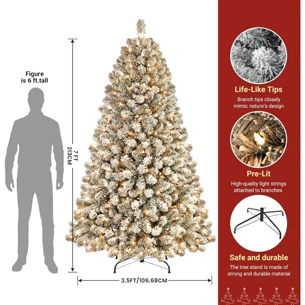 Prelit Snow Flocked Spruce Artificial Christmas Tree with Incandescent Warm White Lights & Foldable Metal Stand