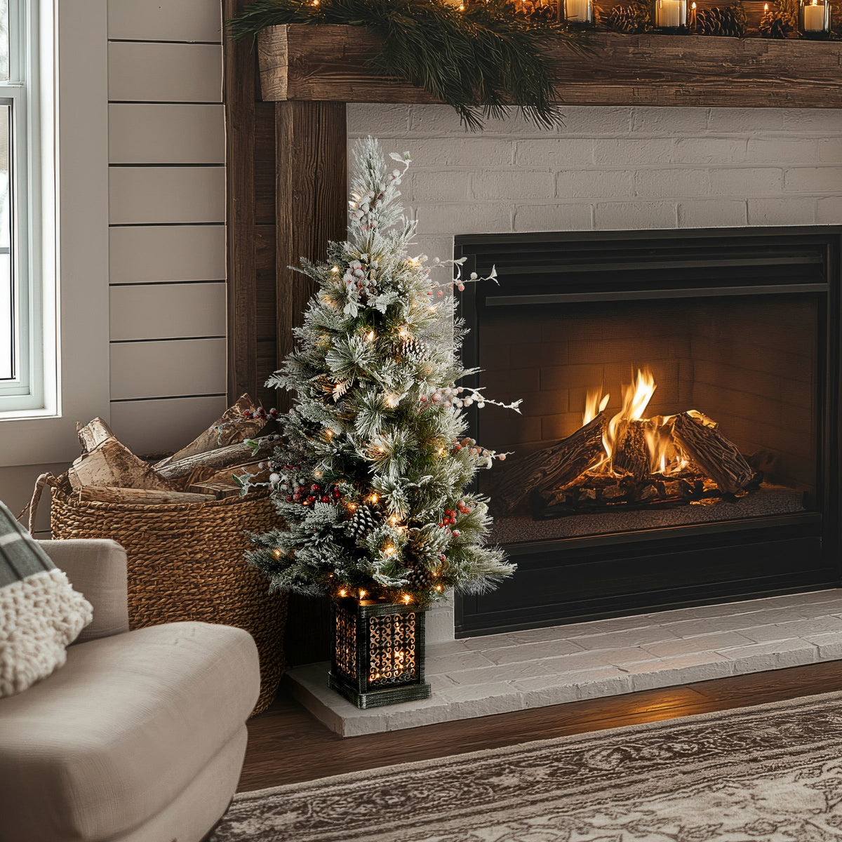 4 ft. Pre-Lit Snowy Bedford Pine Tree with Clear Lights, Plug-In