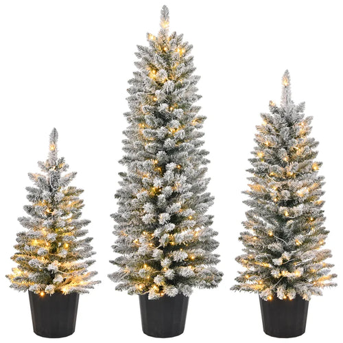 🎄 Set of 3 (3 Ft, 4 Ft, 5 Ft) Pre-Lit Snow-Flocked Christmas Trees with Pot Stands & Multi-Mode LED Lights