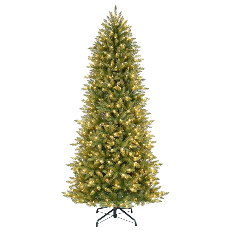 Slender Pre-Lit Fir Artificial Christmas Tree with Integrated Warm Lights & Folding Metal Stand