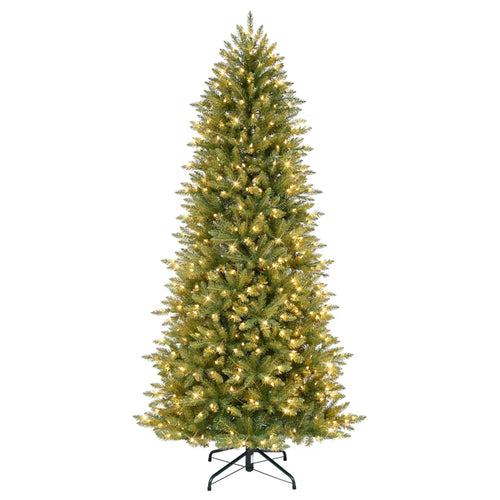 Slender Pre-Lit Fir Artificial Christmas Tree with Integrated Warm Lights & Folding Metal Stand