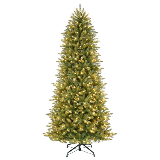Slender Pre-Lit Fir Artificial Christmas Tree with Integrated Warm Lights & Folding Metal Stand