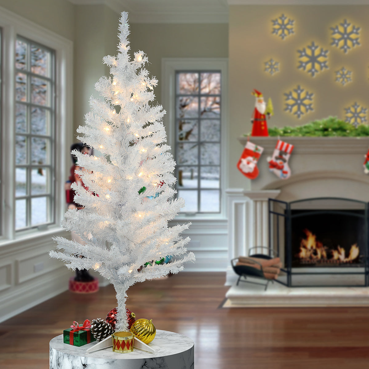 4 ft. Pre-Lit Tinsel Collection White Iridescent Tree with Clear Lights, Plug-In