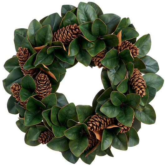 Magnolia Leaf/Pine Cone Wreath, 26" (Green & Brown)