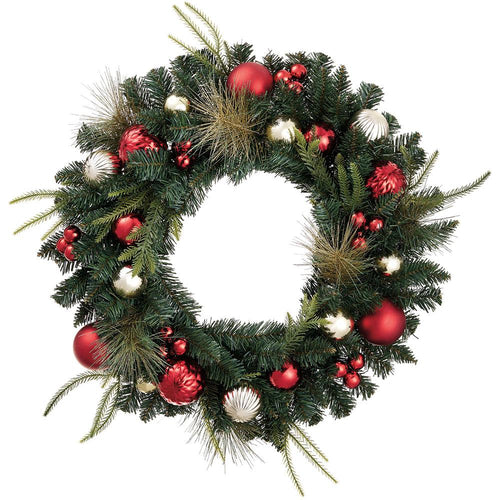 Plastic Ball/Mixed Pine Wreath, 24" (Red Gold)